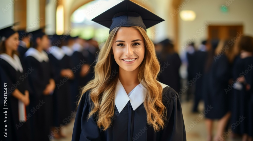 b'A young woman in a graduation gown smiling' b'A young woman in a graduation gown smiling'