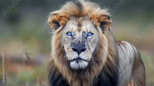 b Blue-eyed lion staring into the camera 