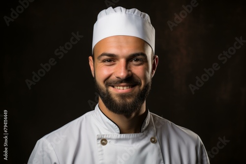b'Portrait of a male chef in a white toque smiling at the camera'