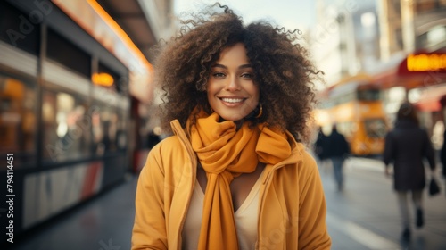 b'portrait of a smiling young woman with curly hair wearing a yellow jacket and scarf' © Adobe Contributor