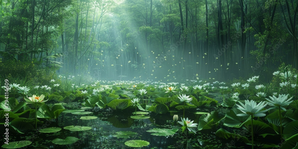 Misty morning in a bamboo forest with a pond full of white lotuses Misty morning in a bamboo forest with a pond full of white lotuses
