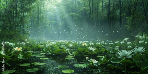 Misty morning in a bamboo forest with a pond full of white lotuses photo
