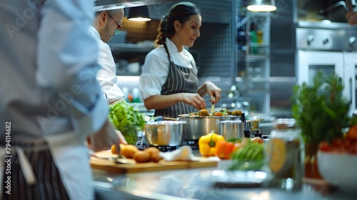 Professional Chefs Preparing Meals in a Bustling Restaurant Kitchen - Generative AI