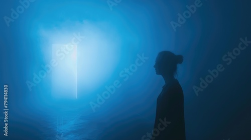A woman stands silhouetted against a luminous doorway in a misty room