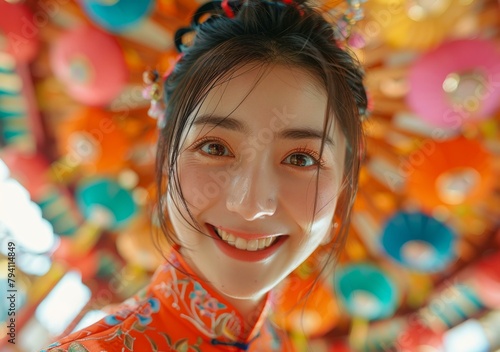 Young Woman with a Vibrant Smile in a Traditional Chinese Setting