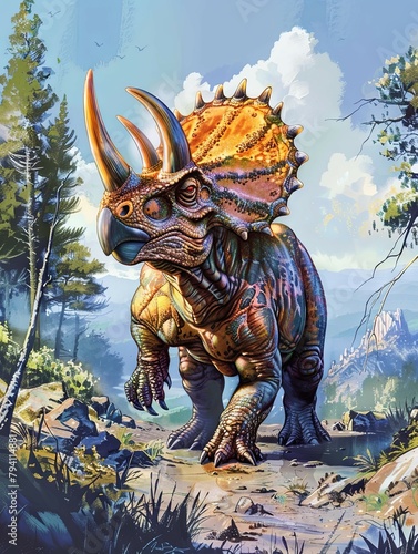 A Majestic and Regal Triceratops Creature in a Fantastical Prehistoric Landscape