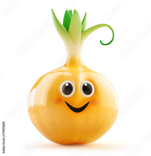 Cheerful onion character with sprouting green shoots and a friendly smile isolated on white