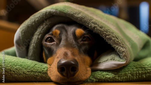 b'A dachshund dog is lying on the floor under a blanket' photo