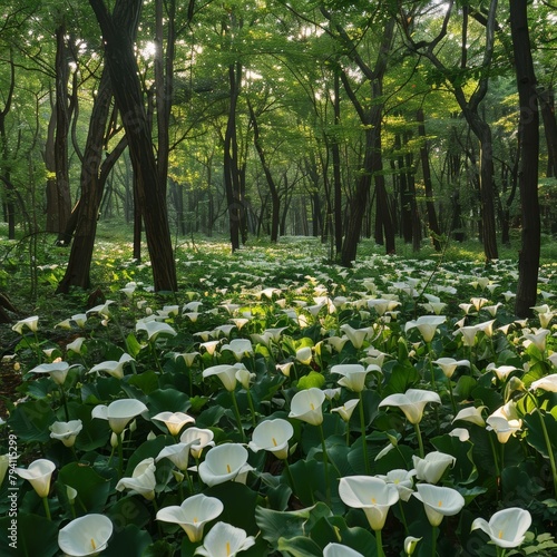 Calla lilies in a lush green forest with sunlight streaming through the trees