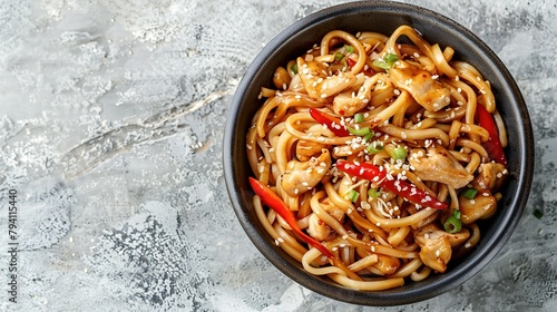Udon stir-fry noodles with chicken meat and sesame in bowl on light stone background copy space