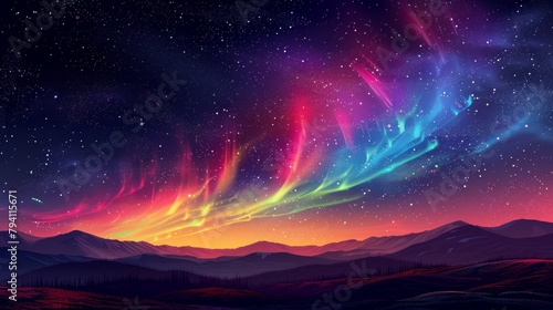 Night Sky: An artistic illustration of the night sky with a colorful aurora borealis