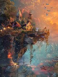 Enchanting Floating Castle in Dreamy Fantasy Realm with Glowing Lights and Fireworks