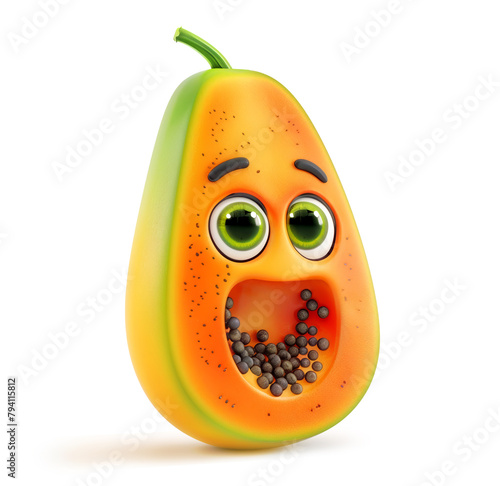 Surprised papaya character with seeds isolated on white background