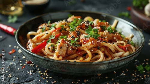 Udon stir-fry noodles with chicken meat and sesame in bowl on dark stone background copy space