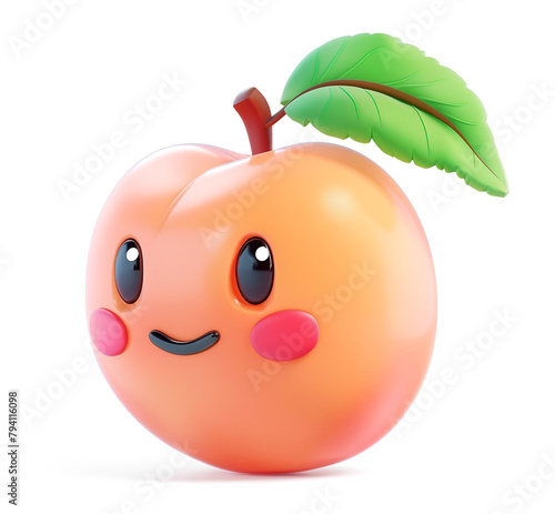 Peach character with a cheerful face and a lush green leaf on white background