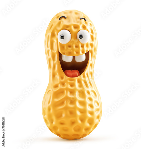 Smiling anthropomorphic peanut character isolated on white