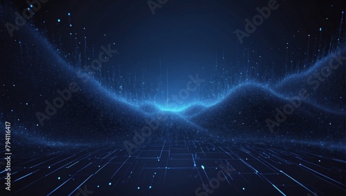 Abstract Navy Blue Digital Background with Twinkling Navy Blue Light Particles and Regions with Profound Depths. Particles Form into Lines, Surfaces, and Grids.