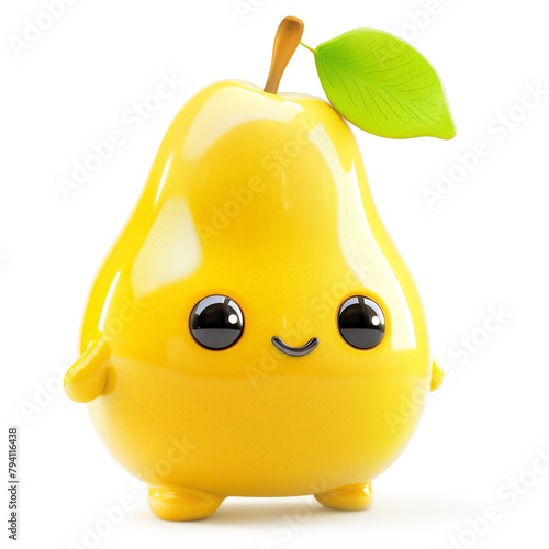 Cute anthropomorphic pear character with leaf on white background