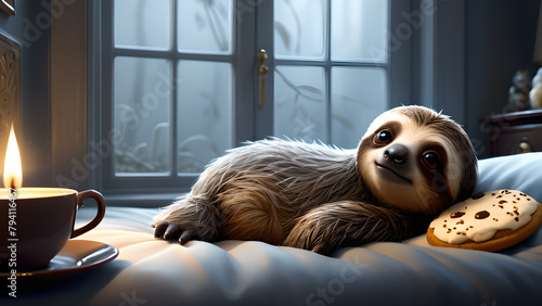 A lazy sloth lazing on the bed with his morning coffee and cake. Day off. photo