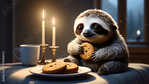 A lazy sloth lazing on the bed with his morning coffee and cake. Day off. photo