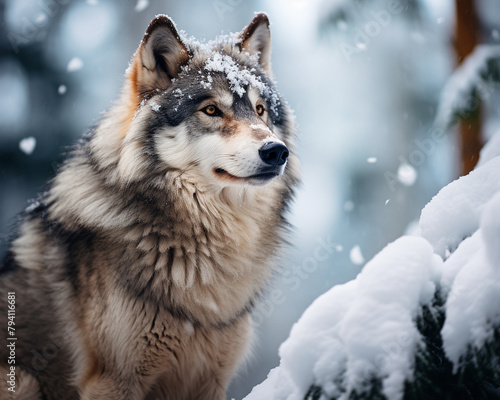 A lone grey wolf standing majestically in a snowy forest, frost clinging to its fur, symbolizing wilderness and survival, ample copy space © Oranuch