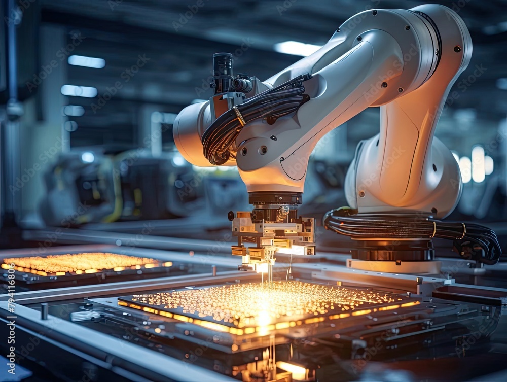 Detailed shot of a robotic arm handling microchips in a welllit factory setting, focusing on the intricate technology and clean environment Detailed shot of a robotic arm handling microchips in a welllit factory setting, focusing on the intricate technology and clean environment
