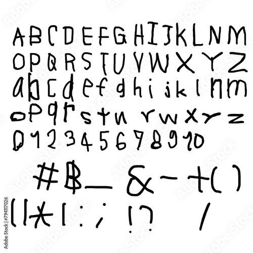 Kids Fonts ABC handwriting font  Black colored with uppercase lowercase letters and numbers on transparent png background 