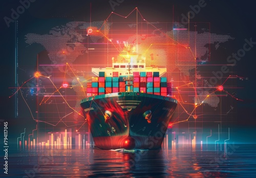 Container ship facilitates global logistics, import/export, freight transportation, with big data analysis for visualization of business information.