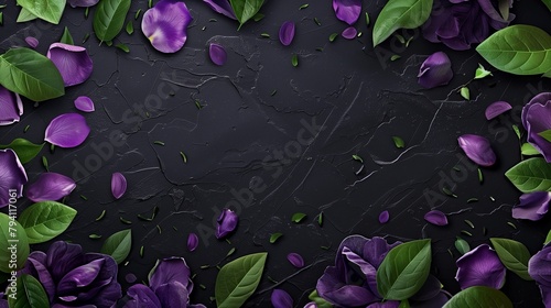 Elegant dark background with vibrant purple flowers and green leaves. Invitation card design. Luxury