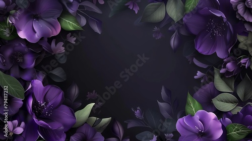 Elegant dark background with vibrant purple flowers and green leaves. Invitation card design. Luxury