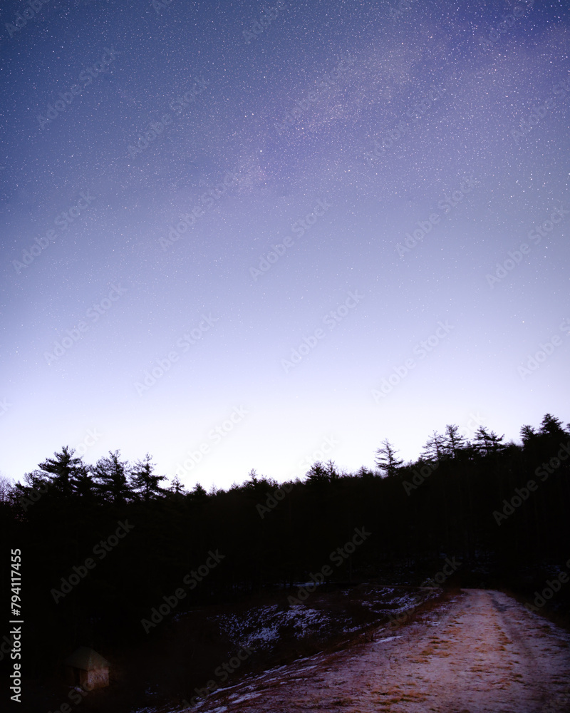 The Cygnus region of the Milky Way Galaxy shining with stars in the early morning twilight. The night sky is above an earth path leading into a dark forest with a small building on the side.