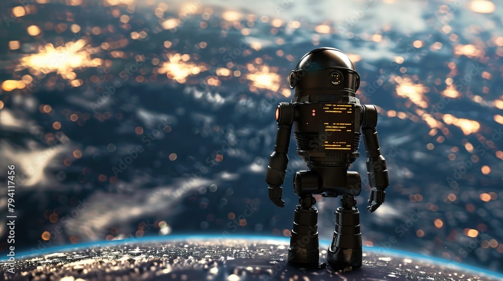 Fototapeta premium A robot standing on a planet looking at the stars