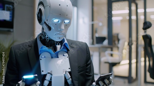 A robot in a suit jacket and tie is sitting in an office, holding a phone.