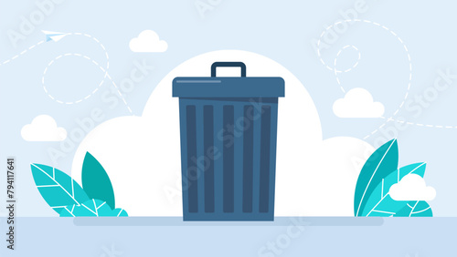 Metal closed garbage can on a white background. Trash can. Trash bin. Rubbish bin sign, Editable stroke. Flat style. Vector illustration