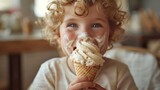 Beautiful little boy eating ice cream with a messy face