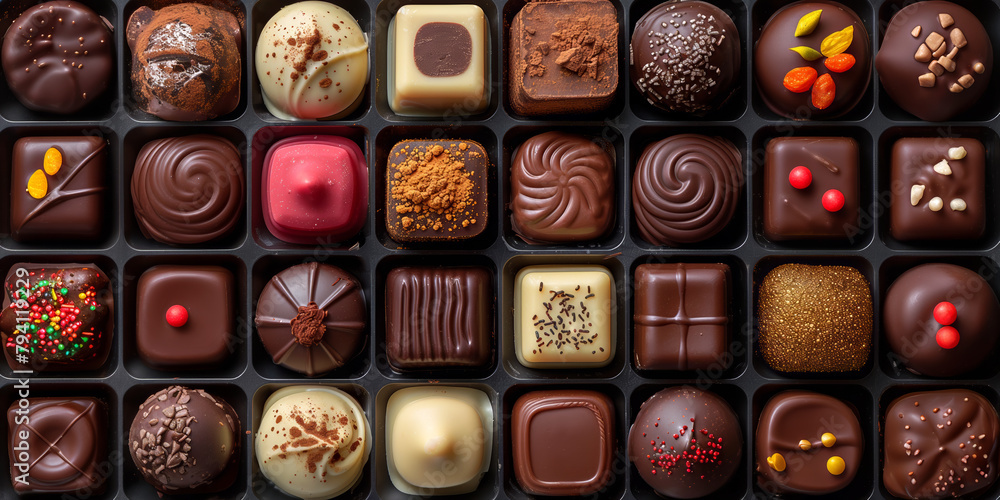 Wide assortment of chocolates with various toppings in a large box, flat lay Wide assortment of chocolates with various toppings in a large box, flat lay