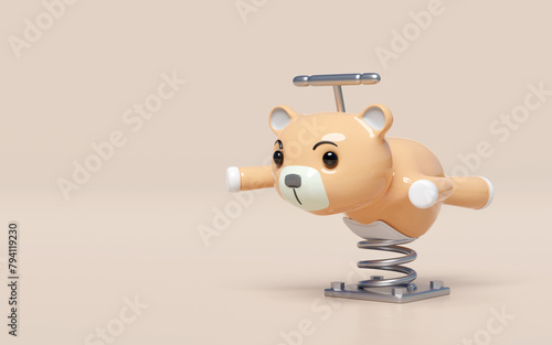 Playground teddy bear spring rider isolated on pink background. 3d render illustration, alpha channel
