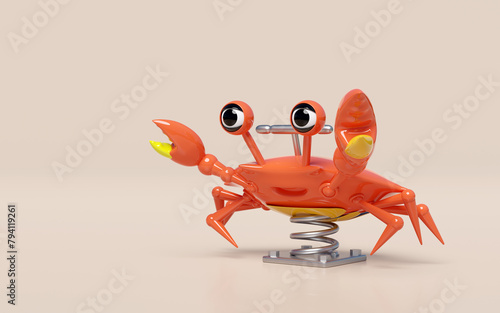 Playground crab spring rider isolated on pink background. 3d render illustration
