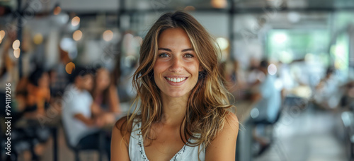 Smiling woman with blue eyes in a bright restaurant