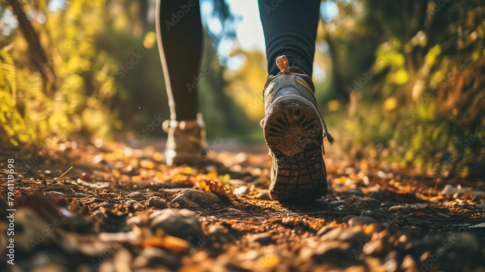 Person hiking in forest, close-up of walking shoes on trail. Adventure and travel concept for poster, wallpaper, banner. Person hiking in forest, close-up of walking shoes on trail. Adventure and travel concept for poster, wallpaper, banner.