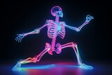 A conceptual artwork featuring a neonlit skeleton posing in a dynamic position, blending modern art with anatomical study
