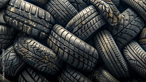Pile of used car tires, closeup. Tires background photo