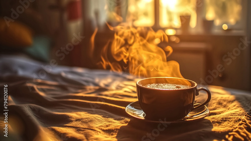 Steaming cup of coffee on bed with morning light. Cozy breakfast and relaxation concept for poster, banner, wallpaper.
