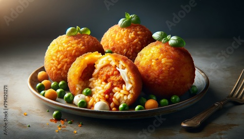 A realistic image of Arancini di Riso, showcasing golden and crispy rice balls filled with ragù, mozzarella, and peas, presented on a plate, emphasizing the Sicilian tradition