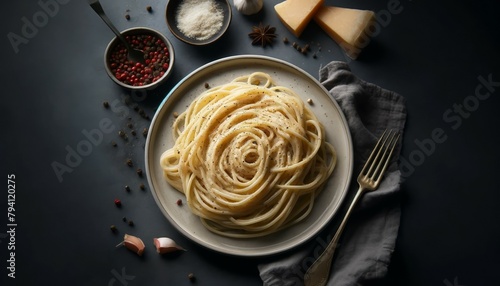 A realistic image of Cacio e Pepe, featuring spaghetti or tonnarelli in a creamy, peppery Pecorino Romano sauce, presented elegantly to highlight the dish's simplicity and rich flavors.
 photo