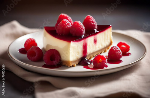 An irresistible cheesecake infused with raspberry flavors, topped with a luscious syrup and adorned with fresh berries