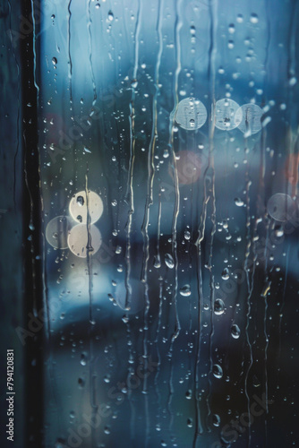 Raindrops falling gently onto a windowpane  with streaks of blue and silver conveying a sense of melancholy and renewal. 