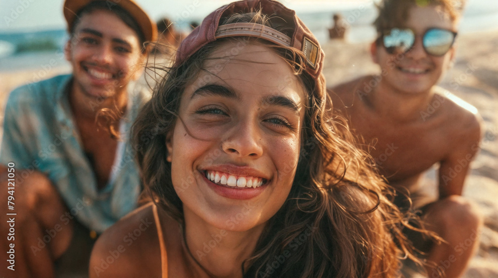 Young happy smiling woman in the center. Girls and boys having fun on the sea beach. The pleasure of relaxation and vacation. A group of people on a beach party, with the sky in the background Young happy smiling woman in the center. Girls and boys having fun on the sea beach. The pleasure of relaxation and vacation. A group of people on a beach party, with the sky in the background