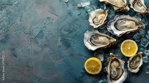 Opened oysters, ice and lemon on stone table. Half dozen. Top view with copy space