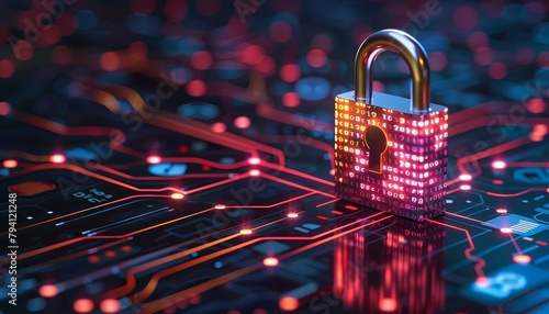 A creative illustration of a traditional padlock morphing into digital code, blending physical and cybersecurity elements, on a dark, abstract background photo